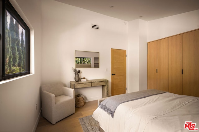 bedroom with multiple windows, light hardwood / wood-style flooring, and a closet