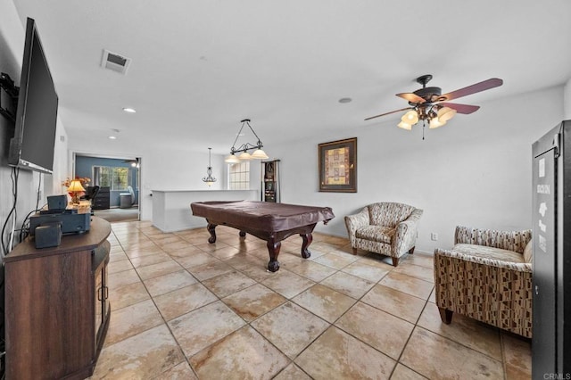 recreation room featuring ceiling fan and pool table