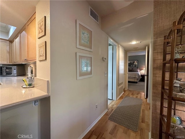 corridor with a skylight and light hardwood / wood-style floors