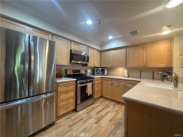 kitchen featuring appliances with stainless steel finishes, light brown cabinets, light wood-type flooring, ornamental molding, and sink