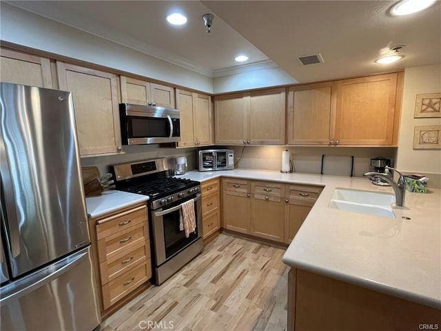 kitchen with sink, crown molding, light wood-type flooring, appliances with stainless steel finishes, and light brown cabinets