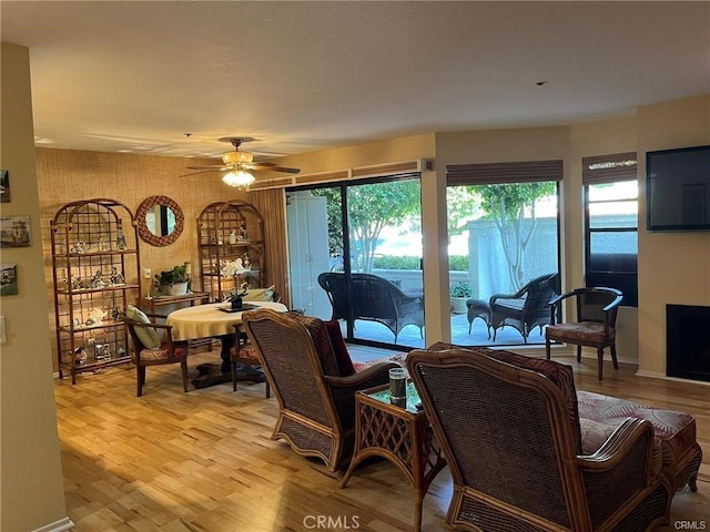 living room featuring ceiling fan and light hardwood / wood-style flooring