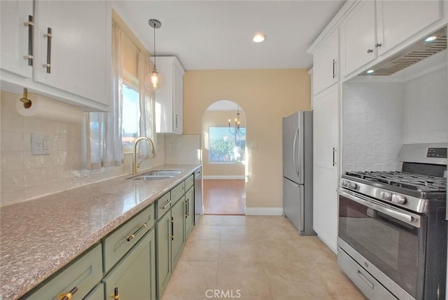 kitchen with appliances with stainless steel finishes, decorative light fixtures, white cabinetry, sink, and backsplash