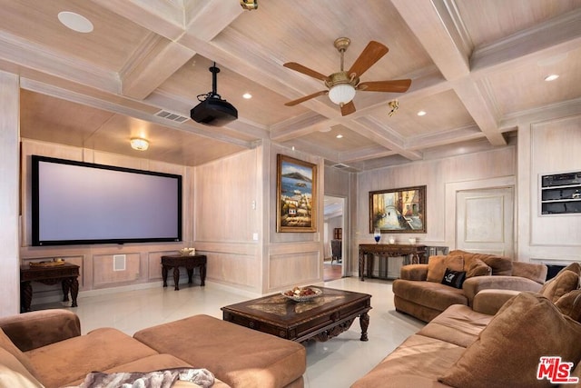 home theater featuring ceiling fan, beam ceiling, coffered ceiling, wood ceiling, and ornamental molding