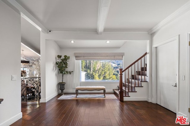 foyer entrance with beam ceiling, dark hardwood / wood-style flooring, and ornamental molding