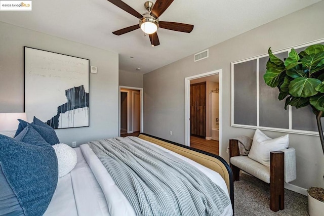 bedroom featuring ceiling fan and connected bathroom