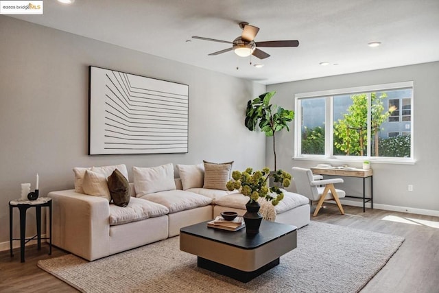 living room with ceiling fan and hardwood / wood-style floors