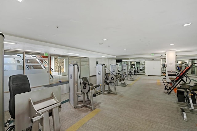 workout area featuring light carpet