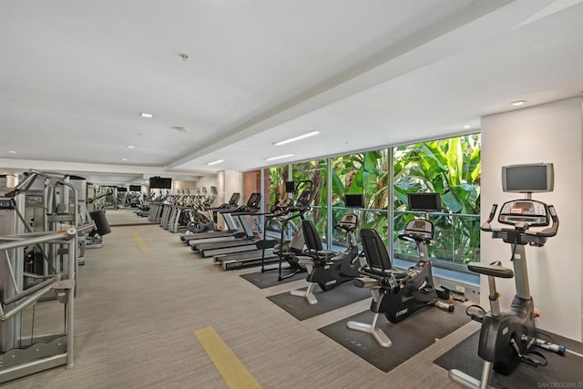 exercise room with light carpet and expansive windows