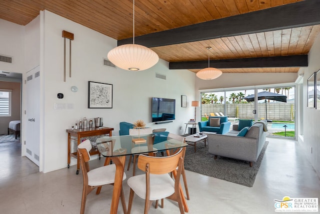 dining space featuring wooden ceiling and vaulted ceiling with beams