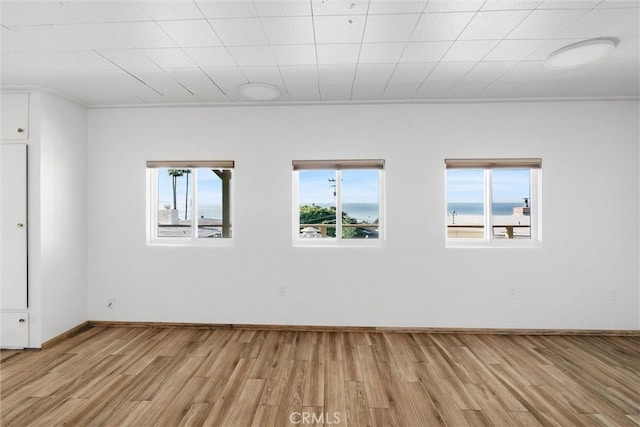 empty room with light wood-type flooring and ornamental molding