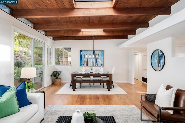 interior space featuring wood ceiling, beamed ceiling, a chandelier, and light hardwood / wood-style floors