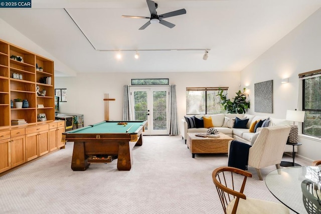 recreation room featuring light carpet, ceiling fan, pool table, track lighting, and french doors