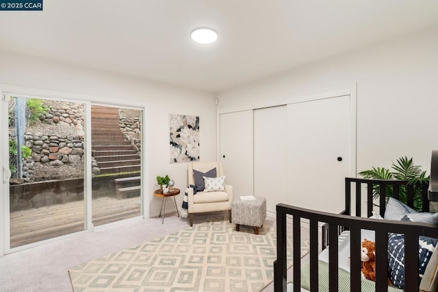 carpeted bedroom featuring access to exterior and a closet