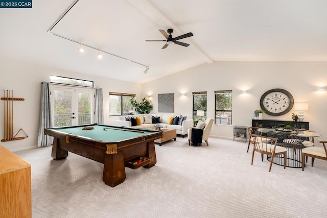 rec room with a wealth of natural light, billiards, lofted ceiling with beams, and light carpet