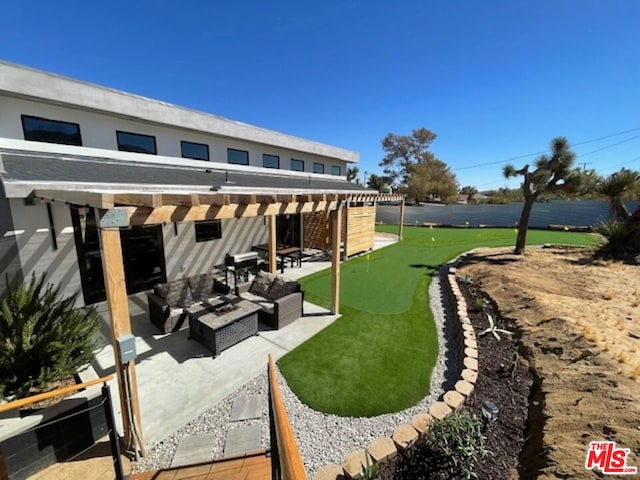 view of patio with an outdoor hangout area and a pergola