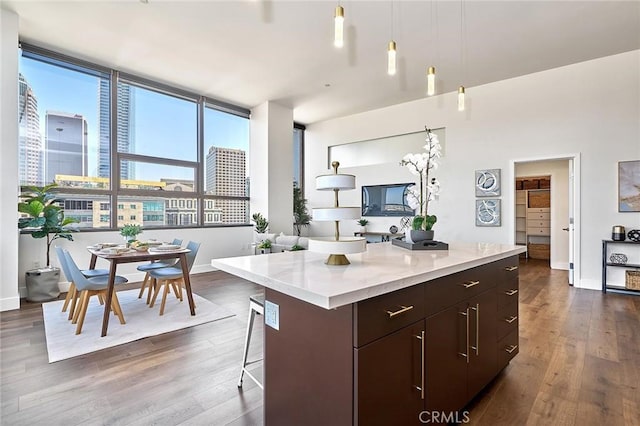 kitchen with dark wood-type flooring, decorative light fixtures, dark brown cabinetry, and a center island