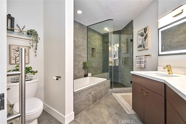 full bathroom with tile patterned flooring, toilet, vanity, and plus walk in shower