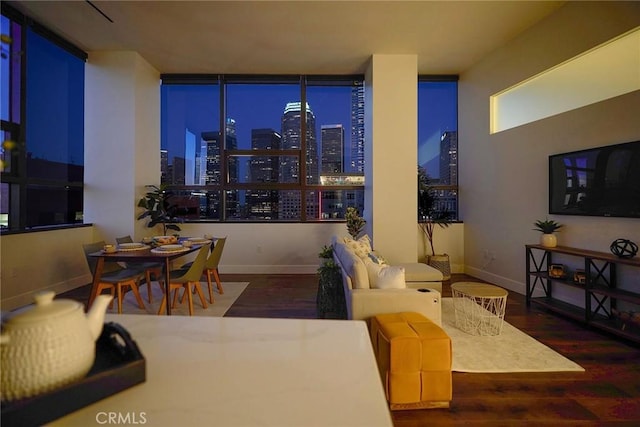 living room featuring dark hardwood / wood-style floors and expansive windows