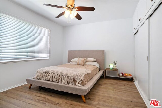 bedroom with ceiling fan, light hardwood / wood-style floors, and a closet