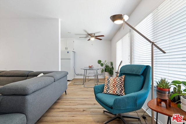 living room with ceiling fan and light hardwood / wood-style floors