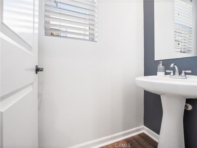 bathroom with wood-type flooring