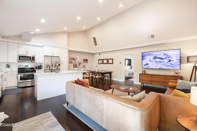 living room featuring dark hardwood / wood-style floors and high vaulted ceiling