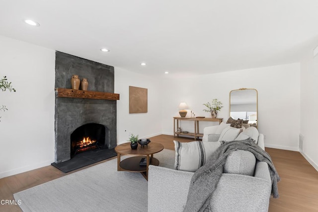 living room featuring wood-type flooring and a large fireplace