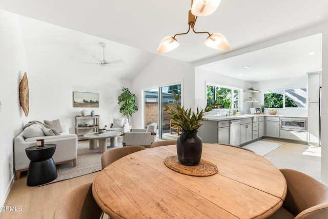 dining room featuring lofted ceiling, light wood-type flooring, a wealth of natural light, and ceiling fan