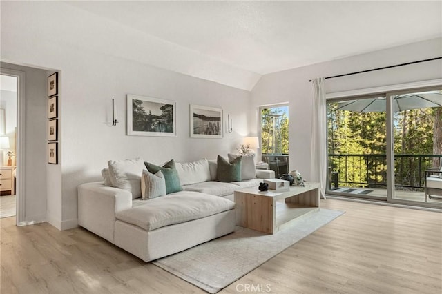 living room featuring light hardwood / wood-style flooring and vaulted ceiling