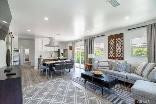 living room with a barn door, light wood-type flooring, and sink