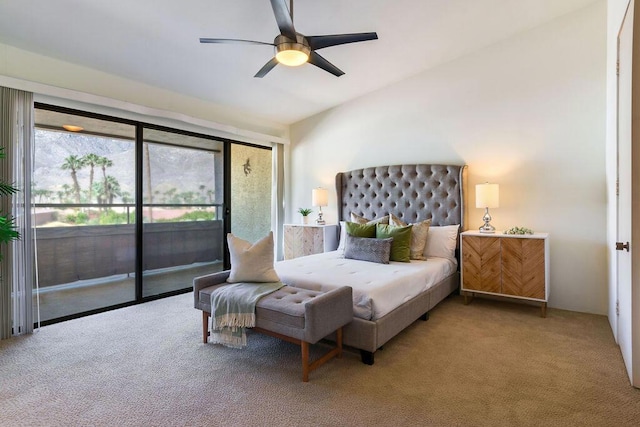 bedroom with ceiling fan, carpet floors, and access to outside