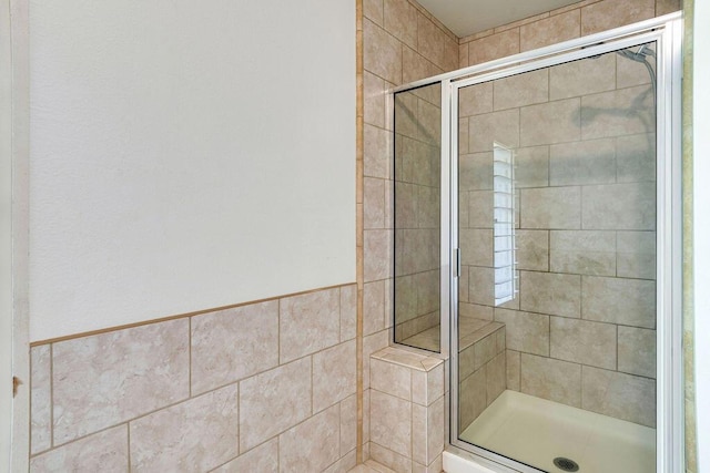 bathroom featuring a shower with shower door and tile walls