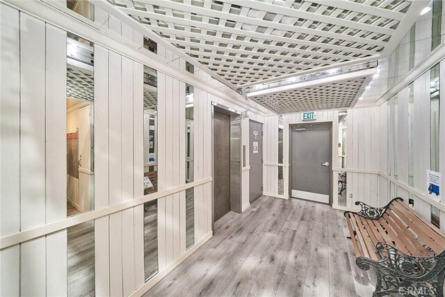 hallway featuring light hardwood / wood-style flooring and wooden walls