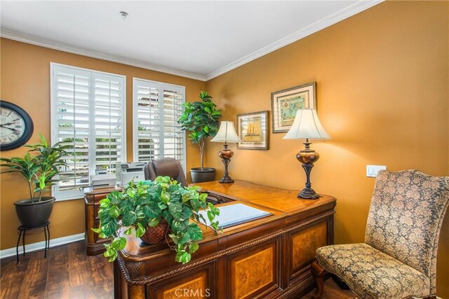 home office with dark wood-type flooring and crown molding