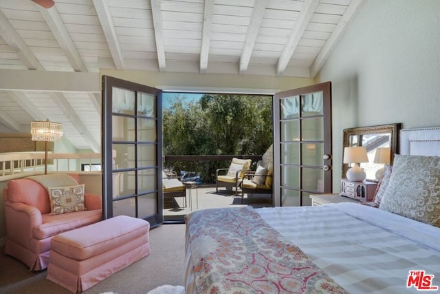 carpeted bedroom featuring lofted ceiling with beams and an inviting chandelier