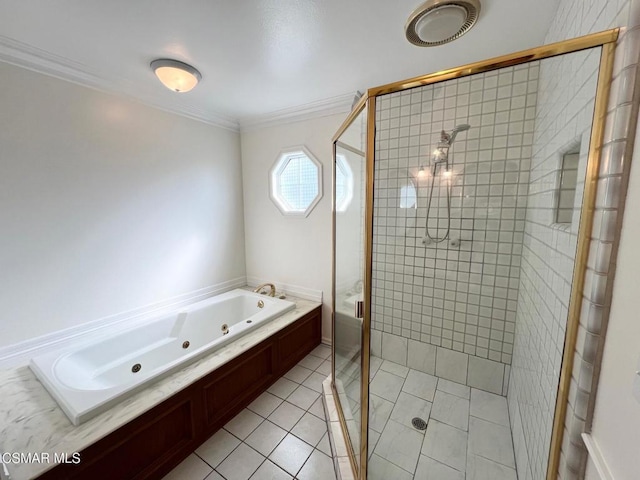 bathroom featuring independent shower and bath, tile patterned flooring, and crown molding