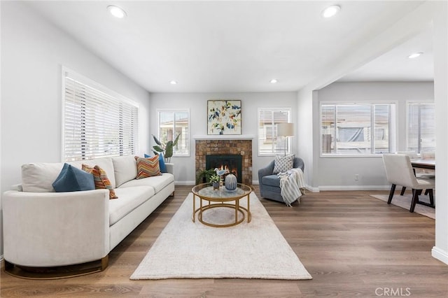 living room featuring a fireplace and hardwood / wood-style floors