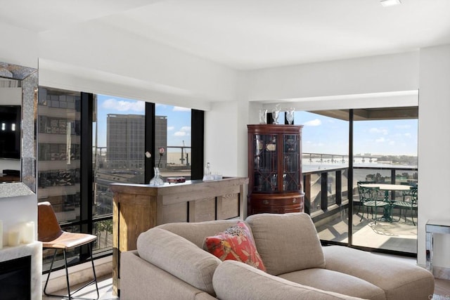 living room featuring a view of city