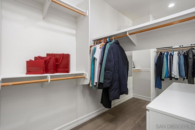 spacious closet with dark hardwood / wood-style flooring