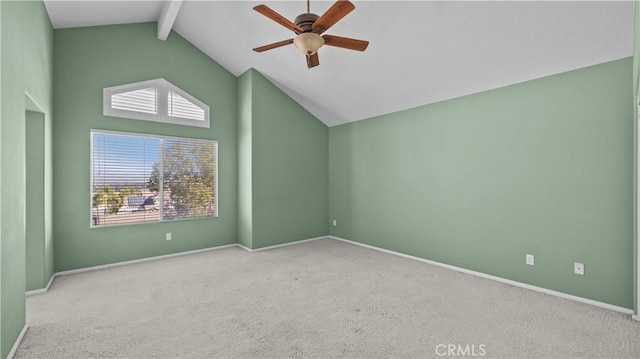 additional living space with ceiling fan, high vaulted ceiling, light carpet, and beamed ceiling