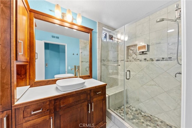 bathroom featuring a shower with door and vanity