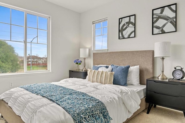 carpeted bedroom featuring multiple windows