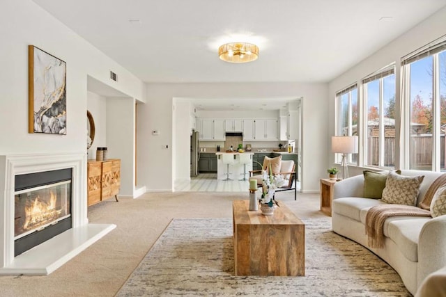 living room with light carpet