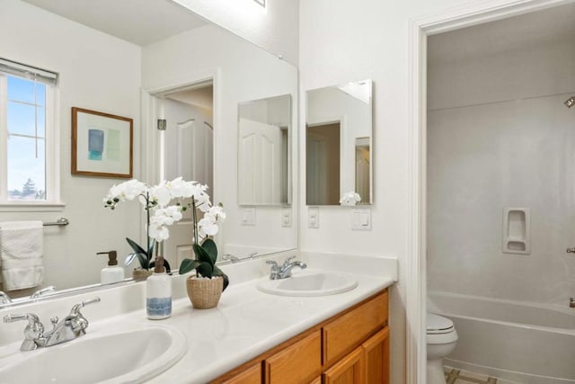 full bathroom with toilet, tub / shower combination, and vanity