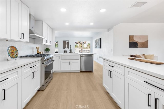 kitchen featuring white cabinetry, wall chimney exhaust hood, light hardwood / wood-style flooring, decorative backsplash, and appliances with stainless steel finishes