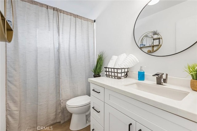 bathroom with toilet, hardwood / wood-style floors, and vanity