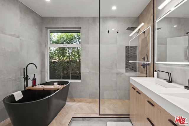 bathroom featuring vanity and separate shower and tub