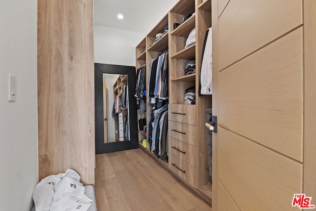 walk in closet with light hardwood / wood-style flooring