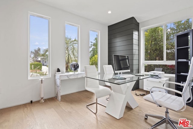 office space featuring a healthy amount of sunlight and light hardwood / wood-style flooring